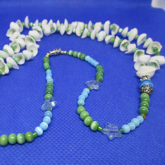 SEASHELL NECKLACE MOONGLOW Blue Green Beads 2 Strand Bead Seashell Moonglow - Picture 5 of 11